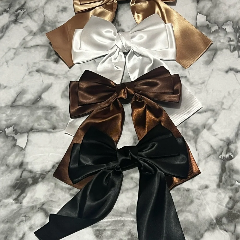 Elegant Satin Bow Set for Kids - Gold, White, Brown, and Black - Picture 2 of 3